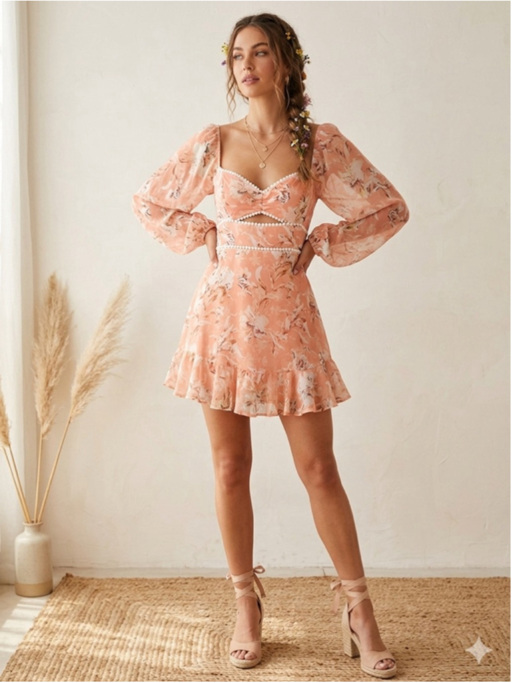 Saints + Secrets Peach Floral Boho Mini Dress Pom Pom Cutout Long Sleeve Sz M